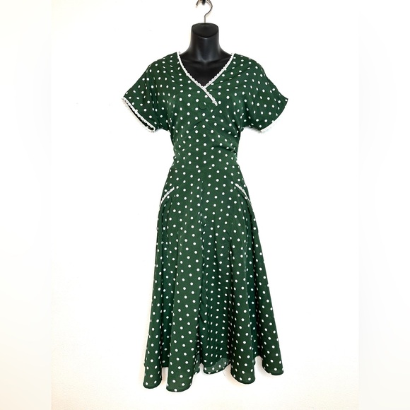 Unique Vintage Women's Polka Dot Bustier Dress M Lace Pockets Retro Pinup 50's - Picture 2 of 10